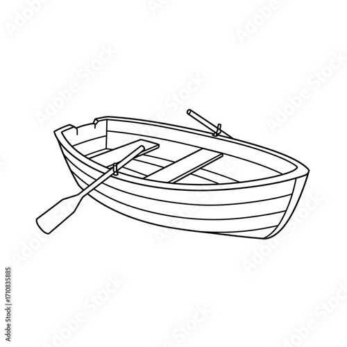 Simple line drawing of a small wooden rowboat on white background silhouette