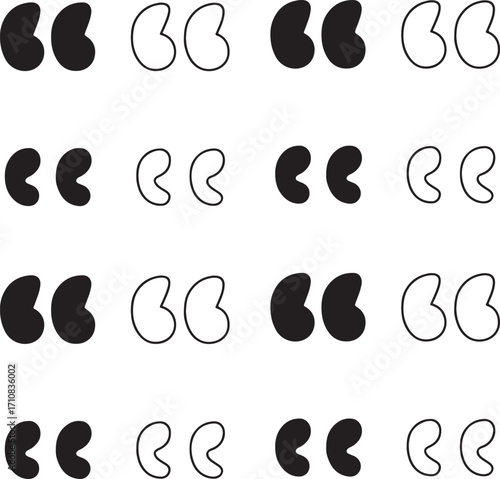 Quote mark icons set, four speech quotes inverted comma icons, black silhouette, outline, filled, thin stroke, minimal line style, editable vector, isolated design, communication and text symbols