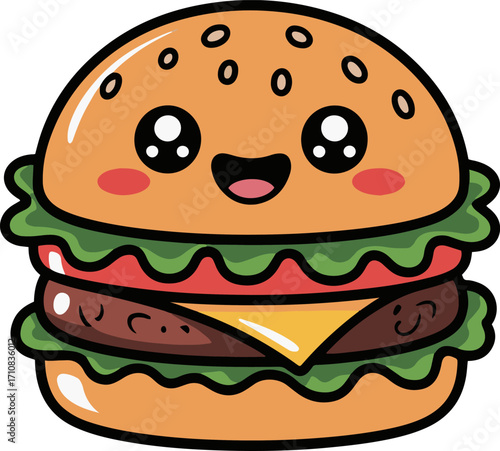 Vector art of cute burger cartoon this delightful illustration features a smiling burger with adorable eyes and rosy cheeks, making it perfect for childrens books, menus, or foodrelated designs