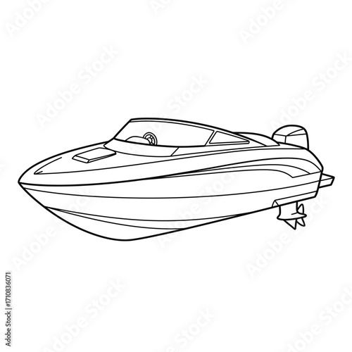 Detailed line art of a speedboat showcasing its sleek design silhouette