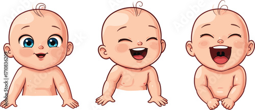 Cute happy baby illustration, adorable cartoon newborn characters, smiling infants, playful toddlers, digital vector art, joyful children, child expression, cheerful babiesCute happy baby illustration