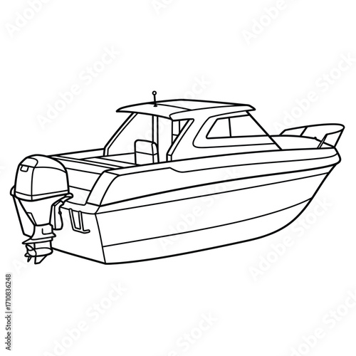 Detailed line drawing of a motorboat with a cabin a striking silhouette