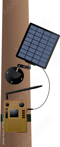 Wildlife Camera Trap with Solar Panel Mounted on Tree – Vector Illustration