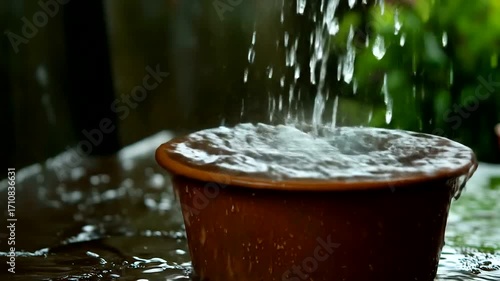 Water cascading into a terracotta bowl, creating dynamic splashes and ripples.