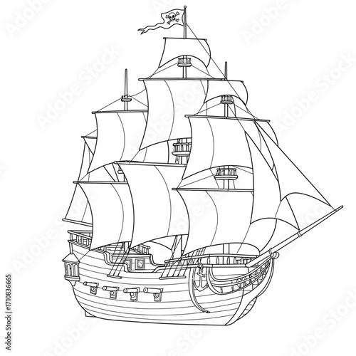 Detailed drawing of a vintage sailing ship with a dark silhouette