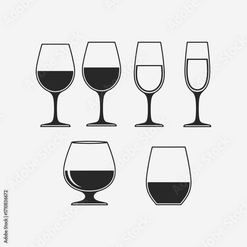  A set of wine glasses Vector Illustration focuses on simplicity, elegance, and ease of recognition. Vector Sign for Banner, Logos, Labels, and Icons.
