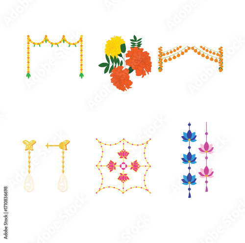 Durga Puja Toran, Garland and Alpona Decoration Vector Set. Hindu Festival Floral Decoration and Rangoli Elements Illustration. 