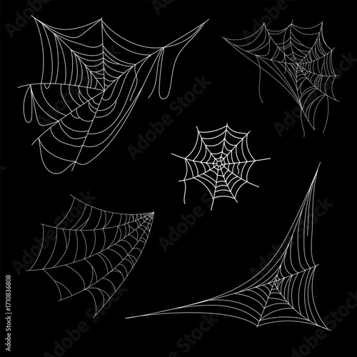 Halloween spider web with various sizes and shapes. Old cobweb set vector illustration for dark gothic decoration for holidays. Corner spider, net thread cobweb scary frames.
