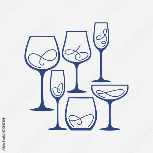 A set of wine glasses Vector Illustration focuses on simplicity, elegance, and ease of recognition. Vector Sign for Banner, Logos, Labels, and Icons.