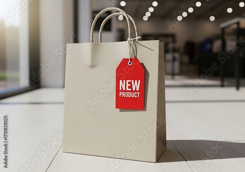 Brown paper shopping bag with red new product tag