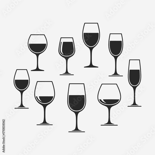  A set of wine glasses Vector Illustration focuses on simplicity, elegance, and ease of recognition. Vector Sign for Banner, Logos, Labels, and Icons.