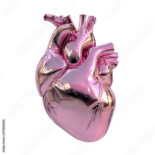 Glossy pink metallic anatomical human heart, 3D render style, isolated PNG on transparent background. Futuristic medical and technology concept.