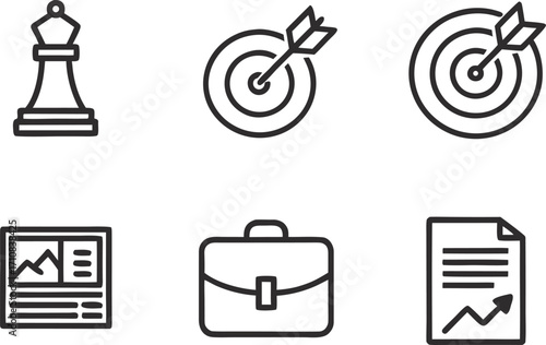 Business and strategy icons in a grid chess king chess piece