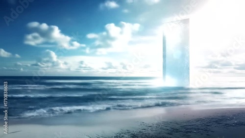 A serene beach scene with a shimmering portal to another dimension, evoking a sense of mystery and wonder.
