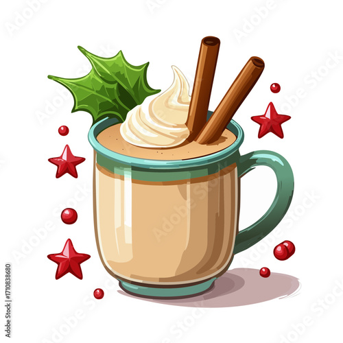 Eggnog Holiday Drink Vector Illustration with Whipped Cream, Holly, and Festive Toppings