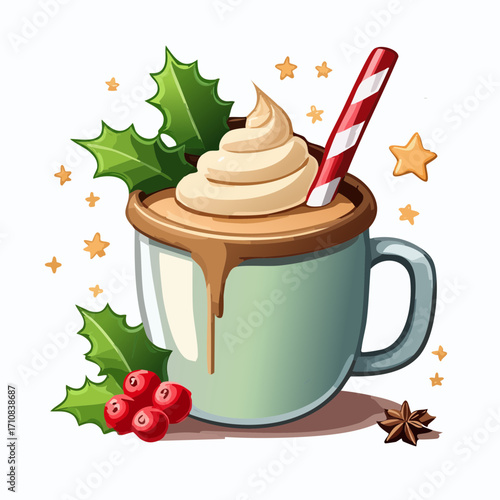 Eggnog Holiday Drink Vector Illustration with Whipped Cream, Holly, and Festive Toppings