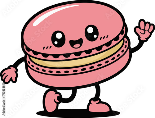 Vector art of cheerful pink macaron cartoon character, radiating joy with its cute smile and playful pose, perfect for adding a touch of sweetness to any design project