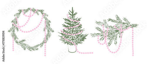 Set of holiday whimsical vintage Christmas tree, wreath, fir branch with decorations, retro beads. Elegant coquette clip art. Flat hand drawn vector illustration.