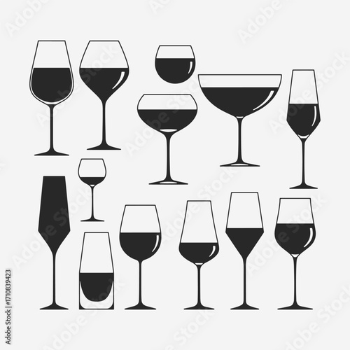  A set of wine glasses Vector Illustration focuses on simplicity, elegance, and ease of recognition. Vector Sign for Banner, Logos, Labels, and Icons.