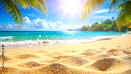 Fototapeta Naklejka Na Ścianę i Meble -  Golden sand beach scene with a tropical background, showcasing a serene and sunny atmosphere.