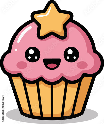 Vector art of charming cupcake cartoon character, topped with a star and radiating happiness with its cute smile, perfect for adding a sweet touch to any project