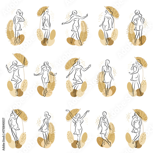 Collection. Silhouette of a cute lady and leaves of a plant. The girl is standing. The woman has a beautiful figure. She is young and slim. Vector illustration set.