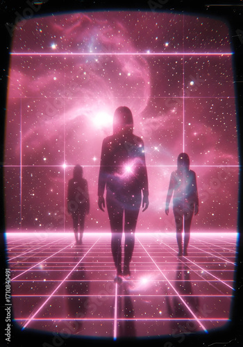 Generative AI Retro Cosmic Walk Silhouette Woman Neon Grid Nebula Space Futuristic Pink Stars Galaxy Walking Person Vaporwave 80s Reflection Journey Exploration - Download Now