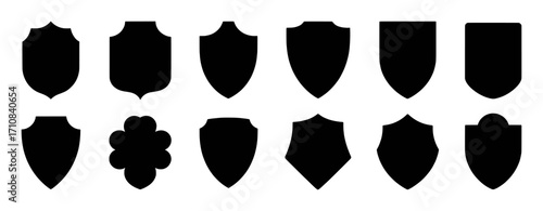 Collection of Black Shield Silhouettes on White Background