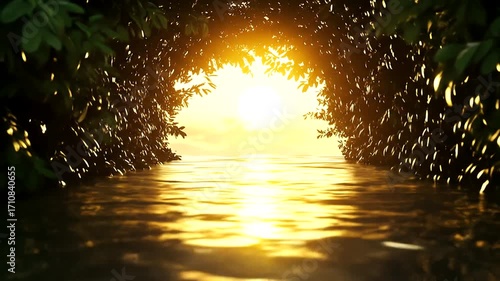 Golden sunlight streams through lush foliage over a tranquil water's edge.