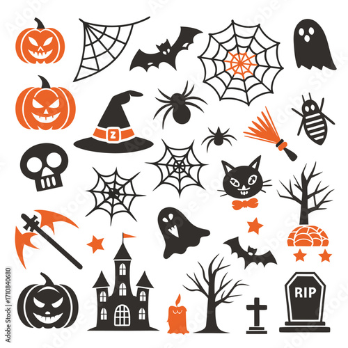 Collection of Halloween icons, including pumpkins, bats, spiders, witches' hats, ghosts, and more.