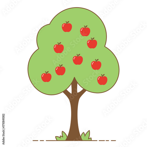 A vibrant green apple tree with red fruit simple illustration silhouette
