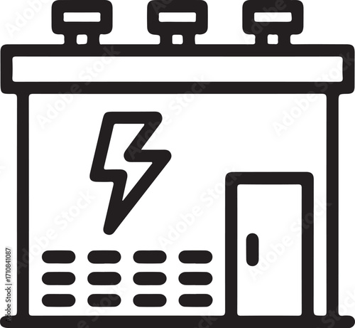 Electrical substation building with lightning bolt symbol