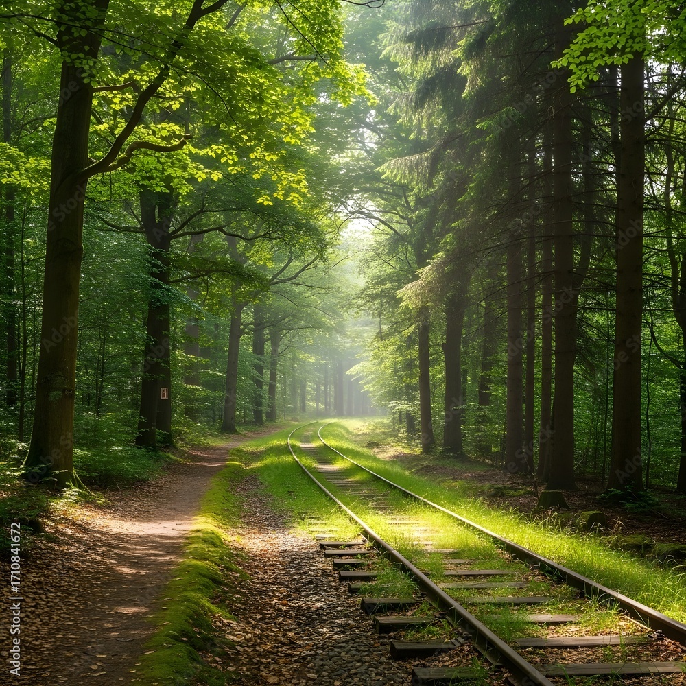 Obraz premium Forest Path with Railway Line