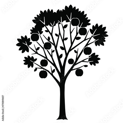 A striking black tree with fruit and leaves a bold silhouette