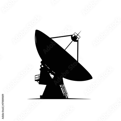 Silhouette of a large parabolic satellite dish or radio telescope, used for communication or astronomical observation, against a white background.