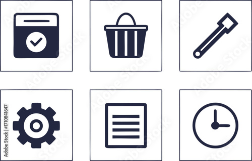 Six dark blue business and office icons on a white background