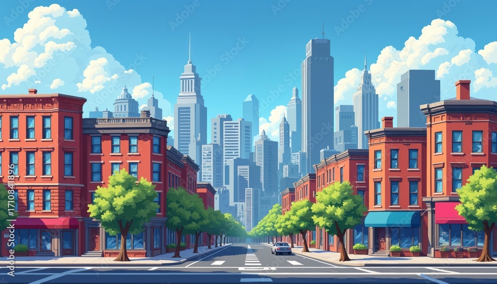 Obraz premium Urban illustration of a city street with residential buildings and skyscrapers. A car drives down the road lined by trees. Clear blue sky with puffy clouds.