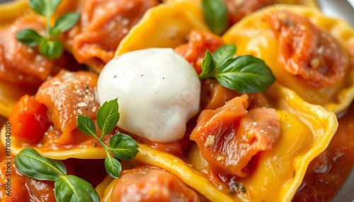 Close-up of fresh ravioli filled with prosciutto and creamy burrata cheese,  kitchen,  recipe