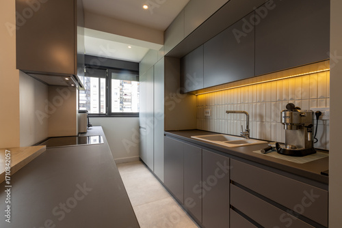 Interior of a modern minimalist kitchen featuring built-in appliances
