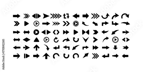 Collection of Diverse Black Arrow Icons on White Background