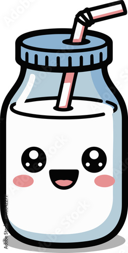 Vector art of a charming cartoon milk bottle character with a cheerful expression and a straw, ideal for designs related to dairy products, healthy eating, or cute illustrations