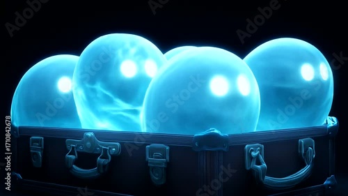Glowing orbs rest within a vintage suitcase, creating an otherworldly scene.