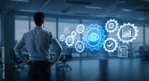 Man contemplates AI automation and technology in modern office