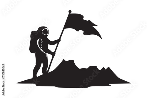 Astronaut plants flag on alien planet mountain peak silhouette
