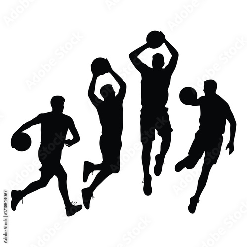 Four basketball players in action jumping running
