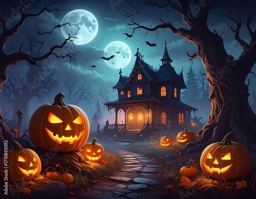 Spooky Halloween mansion with jack-o'-lanterns