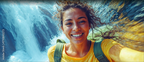 young tourist woman near a waterfall