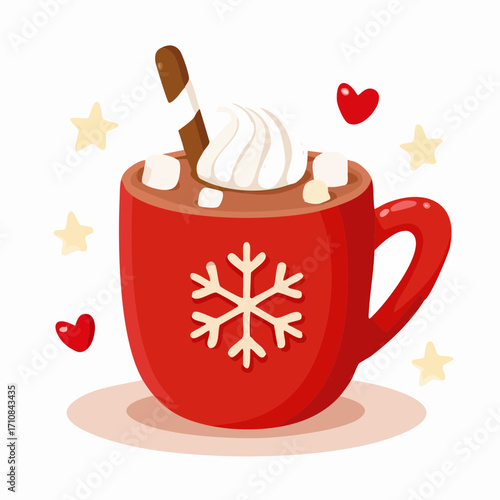 Christmas Hot Chocolate Vector Illustration with Candy Cane, Whipped Cream, and Festive Mug
