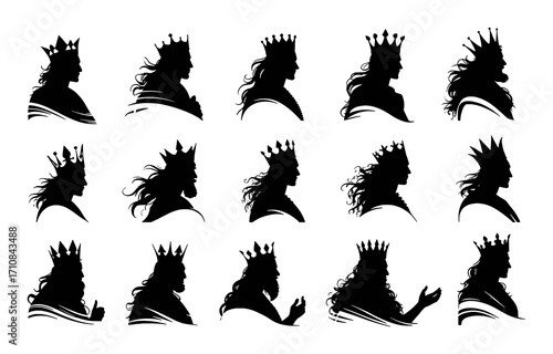 Collection of King Silhouettes with Crowns and Flowing Hair