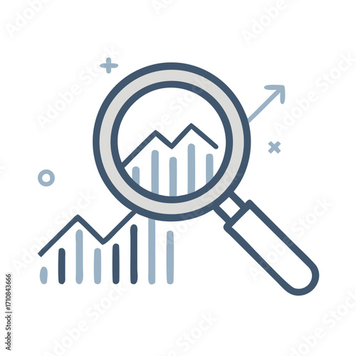 Data analysis and business intelligence with magnifying glass for market research and growth strategy